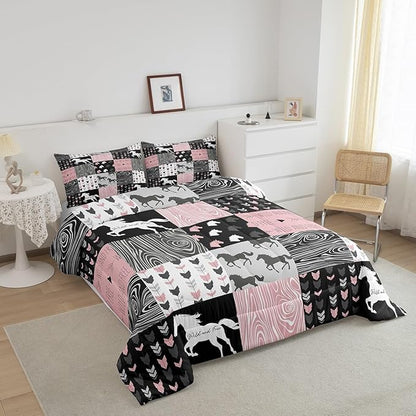 Girls Unicorn Comforter Full Girly White Horse Bedding Western Cowboy Cowgirls Quilt Patchwork Buffalo Plaid Duvet Insert Arrow Stripes Wild Animal Soft Down Comforter 3Pcs Bedroom Decor,Pink Black