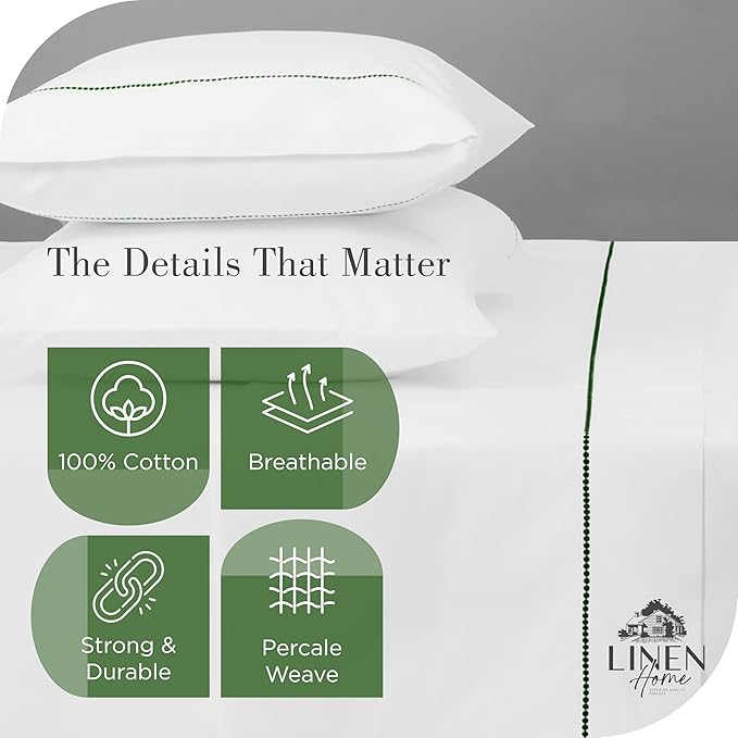 Linen Home 100% Cotton Percale Pearl Stitch Pillowcases Queen/Standard Size, Olive Green, 2 Pieces of Pillow Case, Crisp and Cool Strong Bed Linen, 20 inches X 30 inches