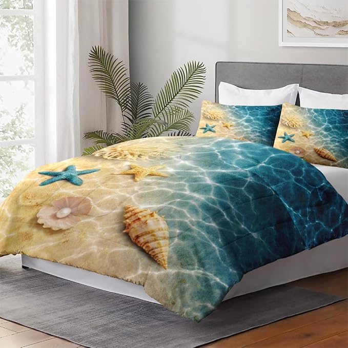 Queen Size Comforter Set with 2 Pillowcases, Summer Marine Seashell Starfish Beach Ocean Soft 3 Pcs Bedding for Kids and Adults Bedroom Bed Decor