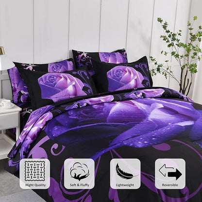 Xruibed Floral Comforter Set Queen 7 Piece Bed in a Bag Purple Rose Flower Comforter with Sheet Set Soft Micorfiber Bedding Set (1 Comforter,2 Pillow Shams,1 Flat Sheet,1 Fitted Sheet,2 Pillowcases)