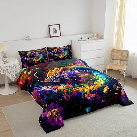 Feelyou Dragon Comforter Set Full Size Flower Dragon Comforter for Boys Girls Teens Wild Life Bedding Set Dragon Decor Duvet Set Room Decor Clorful Quilt Set