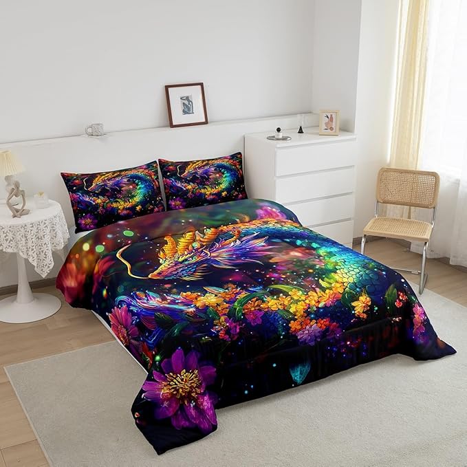 Feelyou Dragon Comforter Set King Size Flower Dragon Comforter for Boys Girls Teens Wild Life Bedding Set Dragon Decor Duvet Set Room Decor Clorful Quilt Set