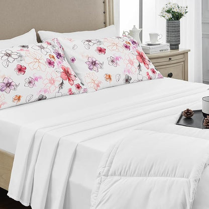 YIYEA Pillow Cases Queen Size Set of 4, Ultra Soft 1800TC Hotel Quality Double Brushed Microfiber Embroidered Pillowcases and Floral Pillow Covers, Envelope Closure, Fade Resistant (20"x30")