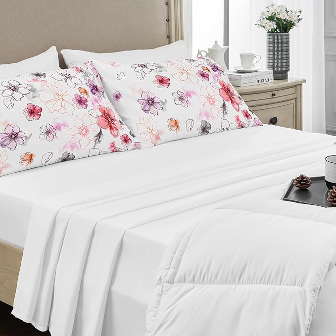 YIYEA Pillow Cases Standard Size Set of 4, Ultra Soft 1800TC Hotel Quality Double Brushed Microfiber Embroidered Pillowcases and Floral Pillow Covers, Envelope Closure, Fade Resistant (20"x26")