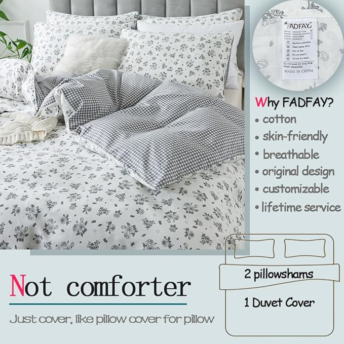 FADFAY Twin Size Duvet Cover Set 100% Cotton Grey White Floral Comforter Cover Soft Breathable Girls Bed Cover Farmhouse Bedding with Hidden Zipper 3 Pcs, Twin