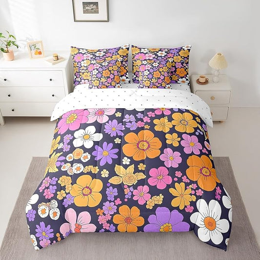 Castle Fairy Watercolor Flowers 7 Pieces Bedding Set King Bed in a Bag,Groovy Daisy 70s 80s Hippie Style Comforter Set,Purple Orange Flowers Rustic Style Soft Warm Microfiber Bedding