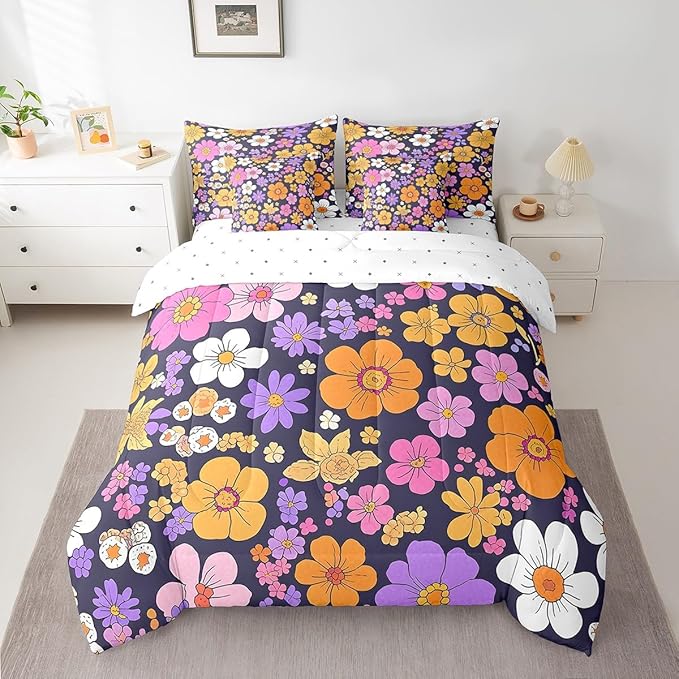 Castle Fairy Watercolor Flowers 7 Pieces Bedding Set Twin Bed in a Bag,Groovy Daisy 70s 80s Hippie Style Comforter Set,Purple Orange Flowers Rustic Style Soft Warm Microfiber Bedding