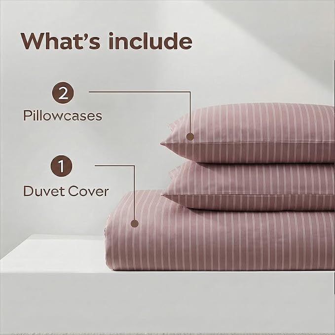 Bedbay Dusty Rose Striped Duvet Cover Set Queen Size, 100% Cotton Sateen Bedding Set, 300TC Soft Minimal Hotel Style Comforter Cover 3 Pieces for All Seasons