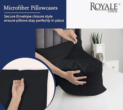Royale Linens Queen Pillowcase Set of 2 - Bed Pillow Cover - 20" x 30" - BlackPillowcases - 1800 Brushed Microfiber, Wrinkle & Fade Resistant - Soft & Cozy- Queen Size Pillow Case (Black)
