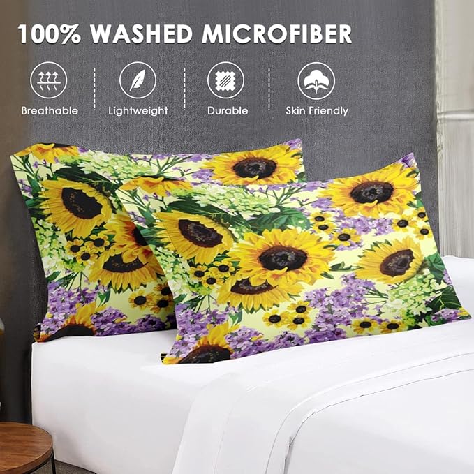 King Size Comforter Set with 2 Pillowcases, Retro Sunflower Yellow Floral Flower Soft 3 Pcs Bedding for Kids and Adults Bedroom Bed Decor