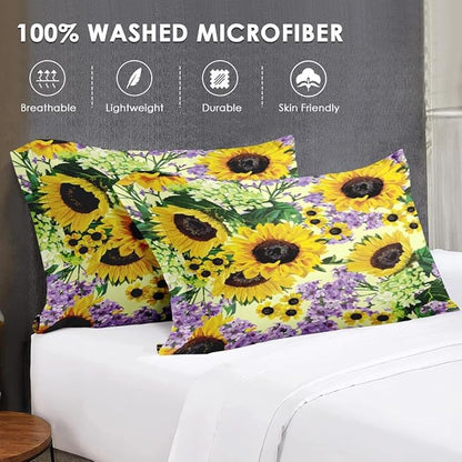 Twin Size Comforter Set with Pillowcase, Retro Sunflower 2 Pcs Bedding for Kids and Adults, Vintage Floral Yellow Flower Soft Comforter Set for Bedroom Bed Decor