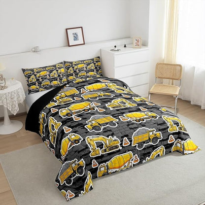 Erosebridal Excavator Comforter Set Queen Concrete Truck Pattern Bedding Set Child Teens Construction Down Comforter for Kids Boys Cartoon Toy Cars Quilt Set Bedroom Decor, Grey