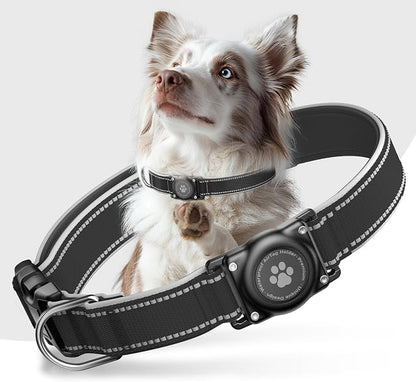Upgrade Dog Collar with AirTag Holder, IP68 Waterproof, Ebony, M | Built-in Water Resistant AirTag holder, 1000D Nylon, Reflective Stitching for Night Visibility, Soft padding for Comfort