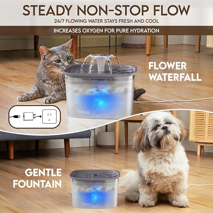 Veken Innovation Award Winner 95oz/2.8L Cat Water Fountain | Automatic Pet Fountain Dog Water Dispenser with Replacement Filters & Silicone Mat for Cats, Dogs (Transparent Grey)