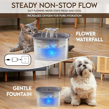 Veken Innovation Award Winner 95oz/2.8L Cat Water Fountain | Automatic Pet Fountain Dog Water Dispenser with Replacement Filters & Silicone Mat for Cats, Dogs (Transparent Grey)