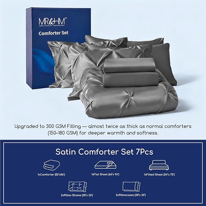 MR&HM Satin Comforter Full 7 Pieces - Luxurious Pinch Pleat Bedding Set with Comforter, Flat Sheet, Fitted Sheet, Pillowcases & Shams, Super Silky Soft Bed Set for All Season (Full, Dark Grey)