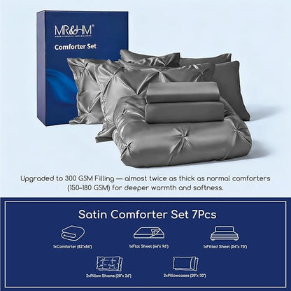 MR&HM Satin Comforter Full 7 Pieces - Luxurious Pinch Pleat Bedding Set with Comforter, Flat Sheet, Fitted Sheet, Pillowcases & Shams, Super Silky Soft Bed Set for All Season (Full, Dark Grey)