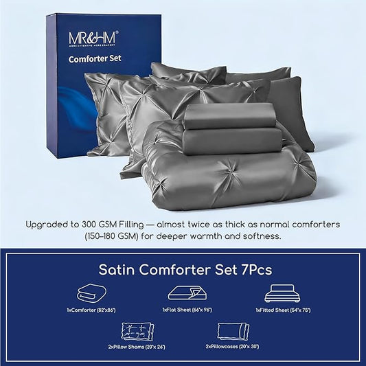 MR&HM Satin Comforter Full 7 Pieces - Luxurious Pinch Pleat Bedding Set with Comforter, Flat Sheet, Fitted Sheet, Pillowcases & Shams, Super Silky Soft Bed Set for All Season (Full, Dark Grey)