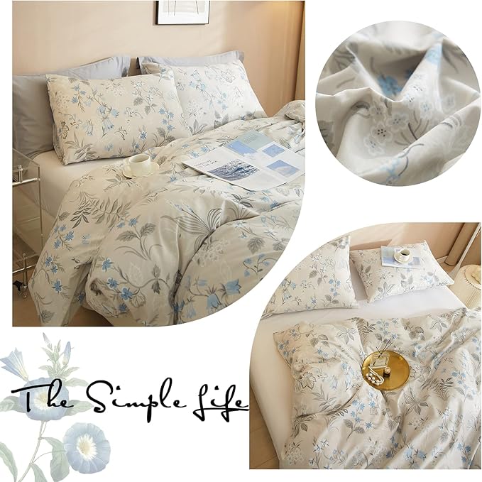 VM VOUGEMARKET Gray Blue Floral Duvet Cover Set King,Vintage Garden Style Botanical Bedding Set,100% Cotton Comforter Cover for Girls And Boys Women