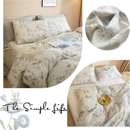 VM VOUGEMARKET Gray Blue Floral Duvet Cover Set King,Vintage Garden Style Botanical Bedding Set,100% Cotton Comforter Cover for Girls And Boys Women