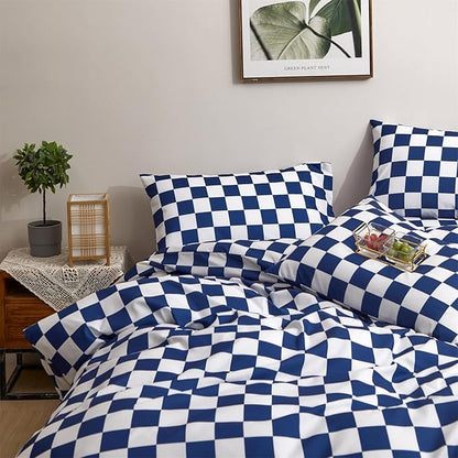 CLOTHKNOW Blue White Plaid Comforter Set Twin/Twin XL Grid Bedding Comforter Sets Royal Blue White Bed Comforter Blue Bedding Sets Soft