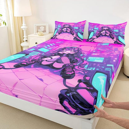 Erosebridal Fashion Girls Full Bed Sheets for Kids Boys Girls Japanese Girl Fitted Sheet,Girly 3D Gaming Bedding Sets Fashion Pink Coquette Sheets with 2 Pillowcases