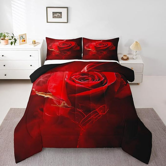 Erosebridal 3D Red Rose Comforter King,Romantic Floral Down Comforter for Girls Women Valentine's Day Gift,Ombre Botanical Flowers Bedding Soft Microfiber 3Pcs Quilted Duvet (1 Quilt+2 Pillow Cases)