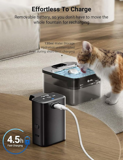 DownyPaws Cat Water Fountain Cordless, Pet Fountain, 84oz/2.5L, Black Pro | Wireless Cat Drinking Water Fountains for Cats Indoor, Fursink , Battery Operated, Motion Sensor, Ultra Quiet Pump, BPA-Free