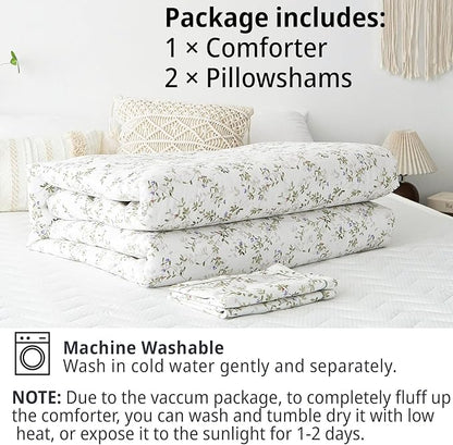 Botanical Cotton Comforter King Size - Tender Green Comforter Printed with Leafy Branches & Purple Stamens on Off-White,Reversible Lightweight Bedding Sets 3Pcs