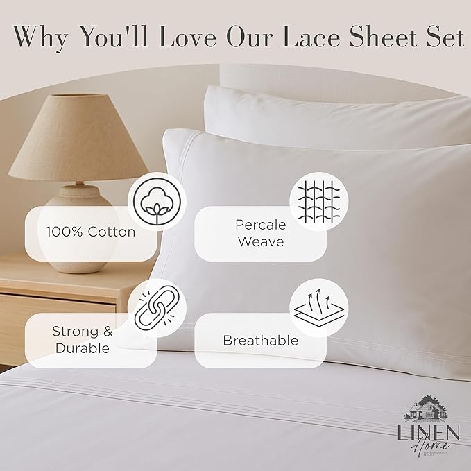 Linen Home 100% Cotton Percale Triple Pleat Hem Pillowcases Queen/Standard Size, White, 2 Pieces of Pillow Case, Crisp and Cool Strong Bed Linen, 20 inches X 30 inches