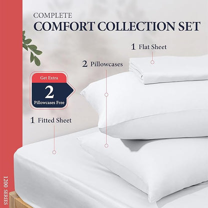 Ashton Sheets 100% Egyptian Cotton King Size Sheets Set - Luxury 1200 Thread Count Egyptian Cotton Sheets King Size, Silky Soft, Cooling, Sateen Weave 17" Deep Pocket Bed Set - White