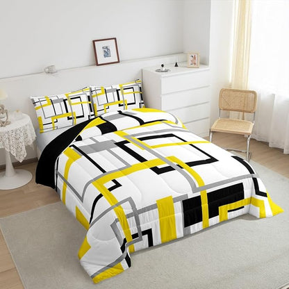 Grey Golden Black White Comforter Set,Colorful Geometric Square Bedding Set for Kids Boys Girls Bedroom Decor,Grid Plaid Stripes Quilted Duvet Queen,Modern Simple Style Graphic Down Comforter