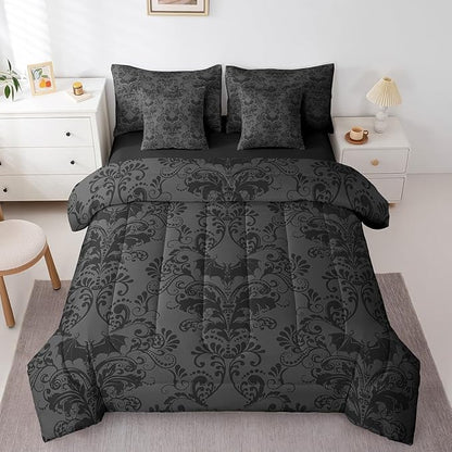 Erosebridal Gothic Damask Bed in a Bag King Size Comforter Set 7 Pieces,Halloween Bat Bedding Sets Black Grey Victorian Floral Goth Sheet Set with Comforter