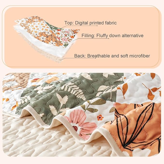 Whale Flotilla Patchwork Quilts Queen Size, Extra Soft Boho Floral Bedspreads for Bed Reversible Lightweight Full Queen Quilt Bedding Set Printed Coverlets with 2 Pillow Shams for All Seasons, Orange