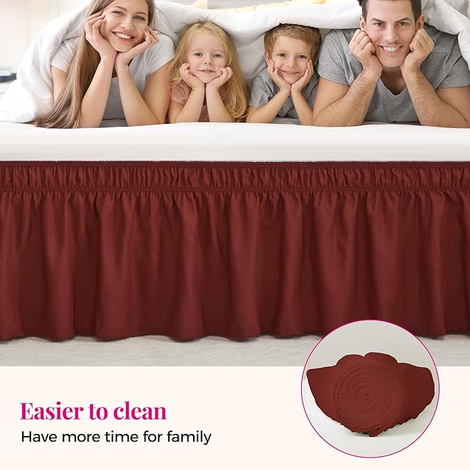 RIMELA Wine Red Bed Skirt Queen Size 15 Inch Drop, Elastic Bed Skirting for Bed Base and Frame, Bedding Dust Ruffle Easy to Install,Wrap Around Adjustable Bedskirt,Christmas Bedroom Decor