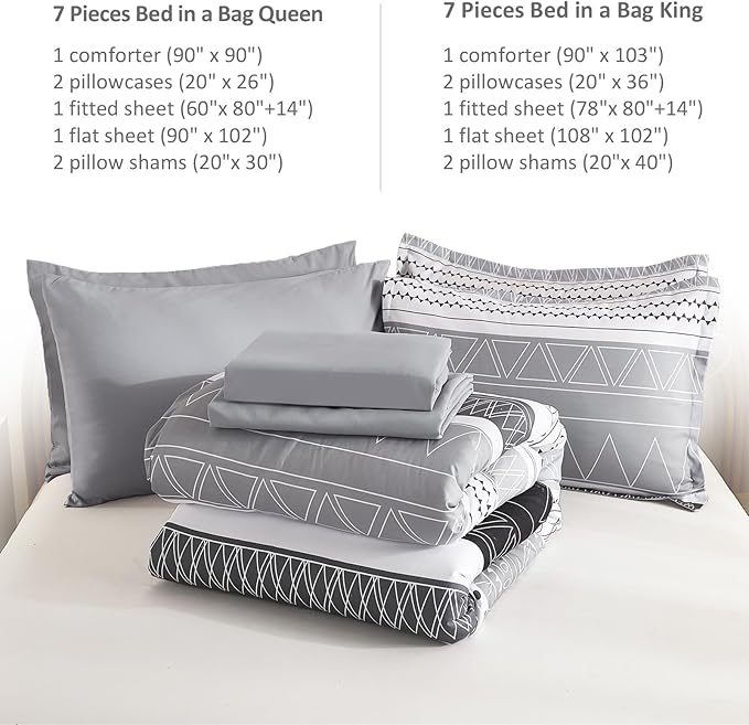 WONGS BEDDING King Size Comforter Set 7 Pieces, Boho Grey White Geometric Striped Comforter for King Bed in a Bag, Soft Microfiber Bedding Set with Pillowcases, Flat Sheet, Fitted Sheet, Pillow Shams