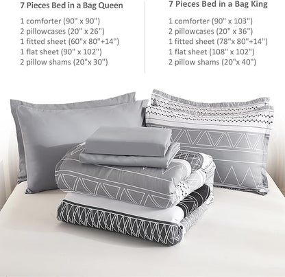 WONGS BEDDING King Size Comforter Set 7 Pieces, Boho Grey White Geometric Striped Comforter for King Bed in a Bag, Soft Microfiber Bedding Set with Pillowcases, Flat Sheet, Fitted Sheet, Pillow Shams