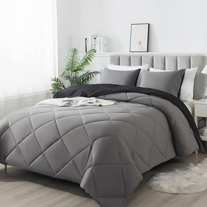 3-Piece King Comforter Set,All-Season,Soft & Hypoallergenic &Breathable Bedding,Polyester Quilted,Down Alternative(Comforter*1 & Pillowcases*2),Black/Dark Gray
