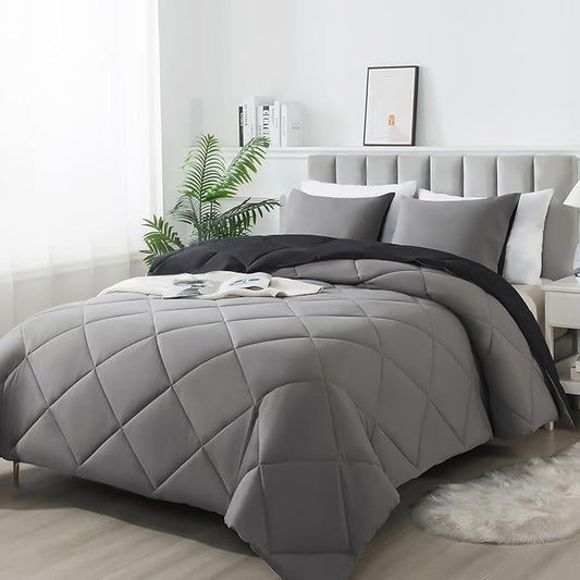 3-Piece Twin Comforter Set,All-Season,Soft & Hypoallergenic &Breathable Bedding,Polyester Quilted,Down Alternative(Comforter*1 & Pillowcases*1),Black/Dark Gray