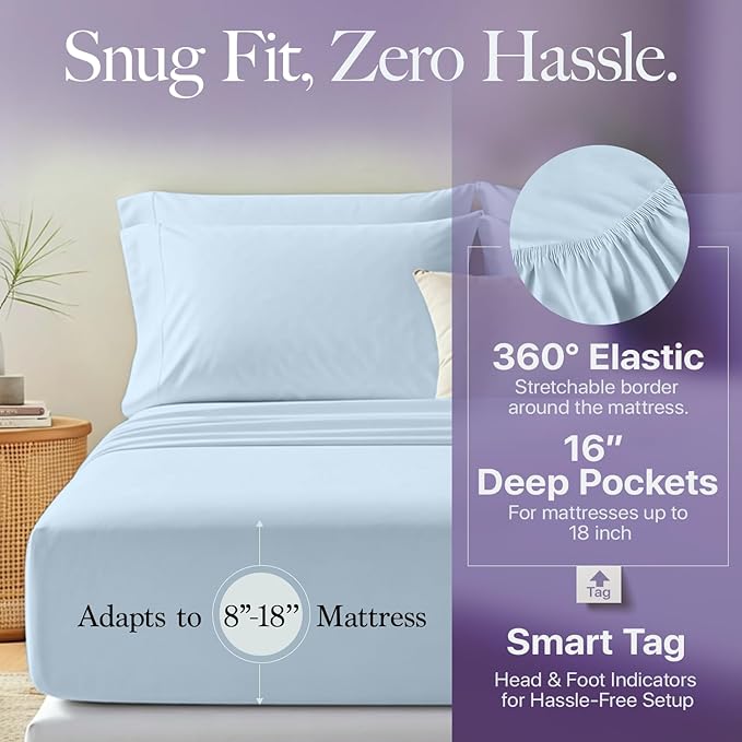Carressa Linen California King Egyptian Cotton Sheet Sets - 600 Thread Count Cal King Cotton Sheet Set (4 PC, Sky Blue), Extra Soft, Cooling, 16" Deep Pocket Sateen Weave Luxury Hotel Bed Sheets Set