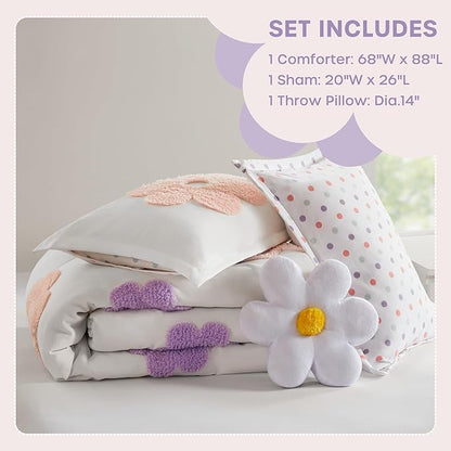 Intelligent Design Kids Twin Comforter Set for Girls, Tufted Chenille Floral Comforter Set Twin, Lightweight Polka Dot Comforter Reversible Bed Set, Sham, Pillow, Gracie, Twin White/Purple 3 Piece