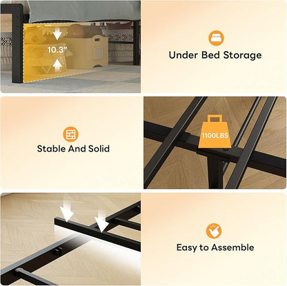 LIKIMIO Twin Bed Frame with Storage Headboard & LED Lights, Metal Platform Bed with Charging Station, Noise Free, No Box Spring Needed, Under Bed Storage, Natural and Cream