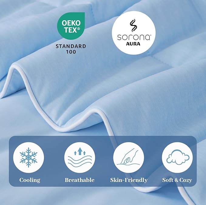 Amélie Home Cooling Comforter Queen Size, Dual-Sided Lightweight Cooling Blanket for Hot Sleepers, Q-Max 0.43 Breathable Cooling Quilt for Night Sweats, 90" x 90", Heather Ice Blue