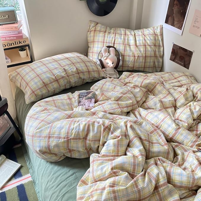 EAVD Vintage Style Buffalo Plaid Duvet Cover Twin Size 3 Pieces Grid Plaid Bedding Set Soft 100% Washed Cotton Aesthetic Gingham Duvet Cover with 2 Pillowcases Colorful Grid Checkered Bedding Set