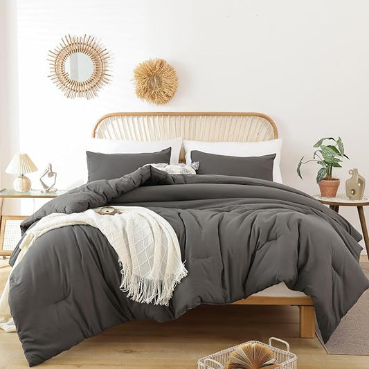 ROSGONIA Queen Comforter Set Charcoal Grey, 3pcs (1 Dark Gray Comforter & 2 Pillowcases) All Season Soft Bedding Lightweight Bedspread Blanket Quilt