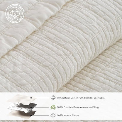 EVERGRACEHOME Stonewashed Cotton Quilt Set King Size, Ultra Soft Oversized Bedspread Coverlet Set, Lightweight Crinkle Box Stitch Bedding Sets for All Season, with 2 Shams, Ivory White