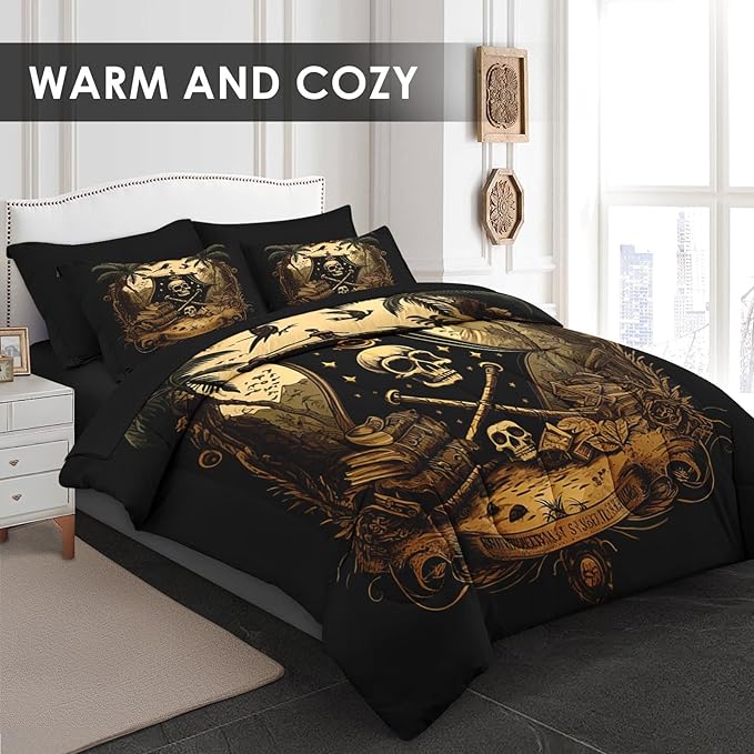 Comforter Set King Size, Pirate Skeleton 7 Pcs Bedding for Kids and Adults, Halloween Vintage Gothic Bed Sheet Sets with Fitted Sheet 2 Pillowcase & 2 Sham for Bedroom Bed Decor