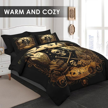 Comforter Set Twin Size, Pirate Skeleton 5 Pcs Bedding for Kids and Adults, Halloween Vintage Gothic Bed Sheet Sets with Fitted Sheet Pillowcase & Sham for Bedroom Bed Decor