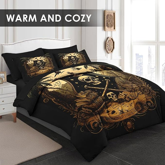 Comforter Set Twin Size, Pirate Skeleton 5 Pcs Bedding for Kids and Adults, Halloween Vintage Gothic Bed Sheet Sets with Fitted Sheet Pillowcase & Sham for Bedroom Bed Decor