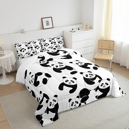 Erosebridal Cartoon Panda Comforter Set, Cute Panda Down Comforter Twin, Wildlife Animal Quilted Duvet, Animal Comforter Set for Nursery Toddler Kids Boys Girls, Soft Breathable Duvet Insert